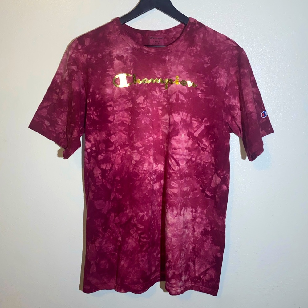 Champion Red Tie-dye Short Sleeve Shirt With Gold Detailing Size Large